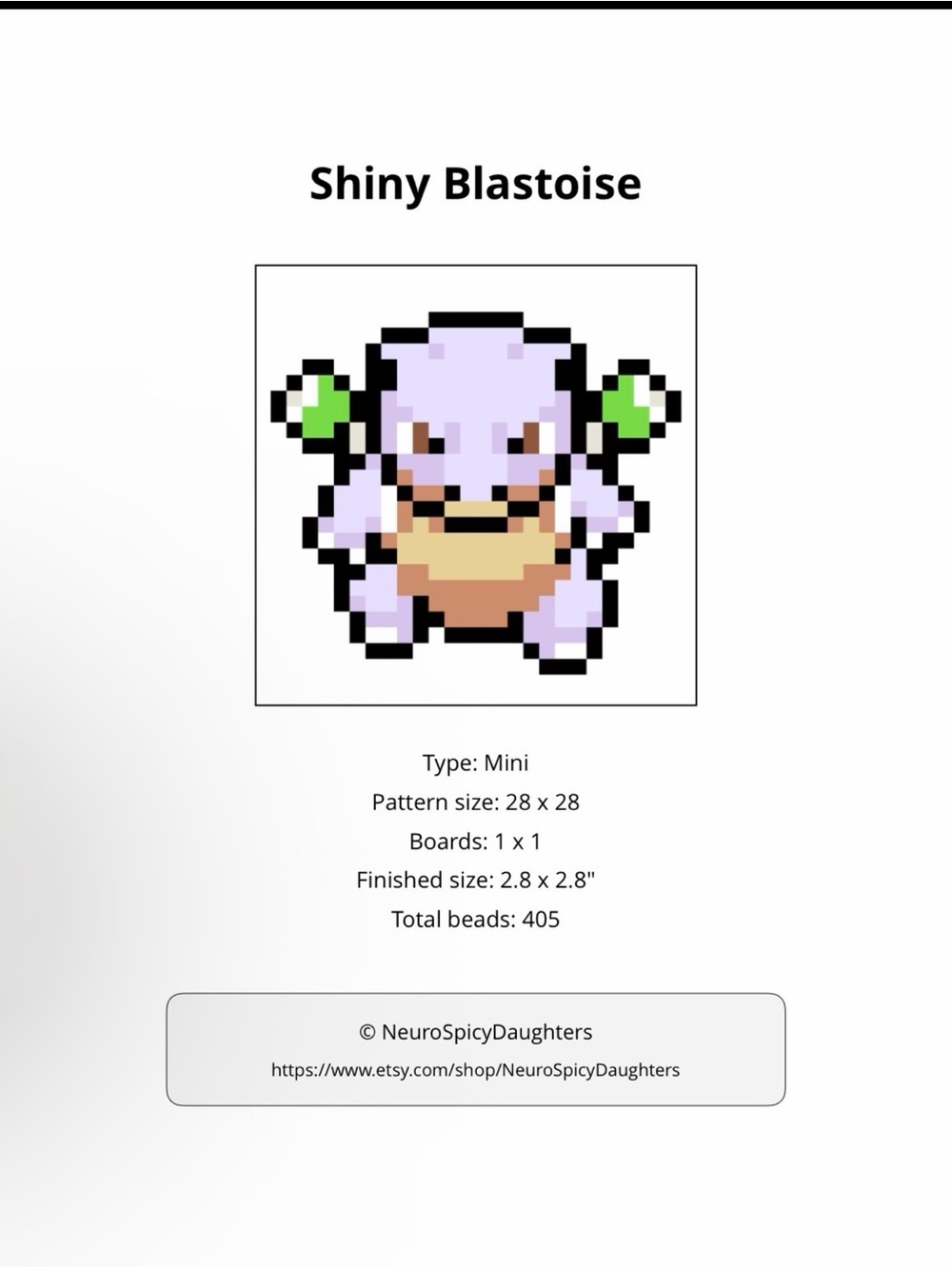 PHYSICAL COPY Pokemon Shiny Blastoise Bead Sprite Pattern - Lavender, Tan